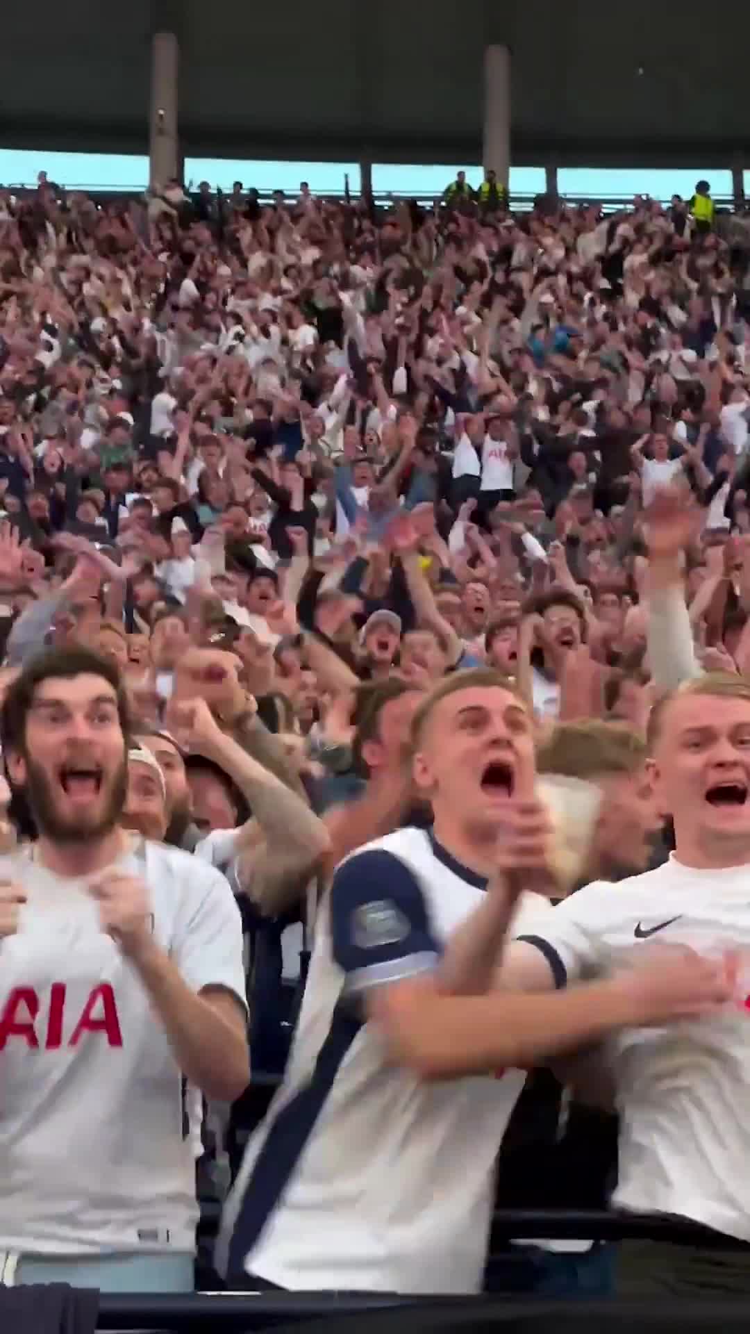 Tottenham fans reacting to Brennan Johnson's goal in the Europa League final