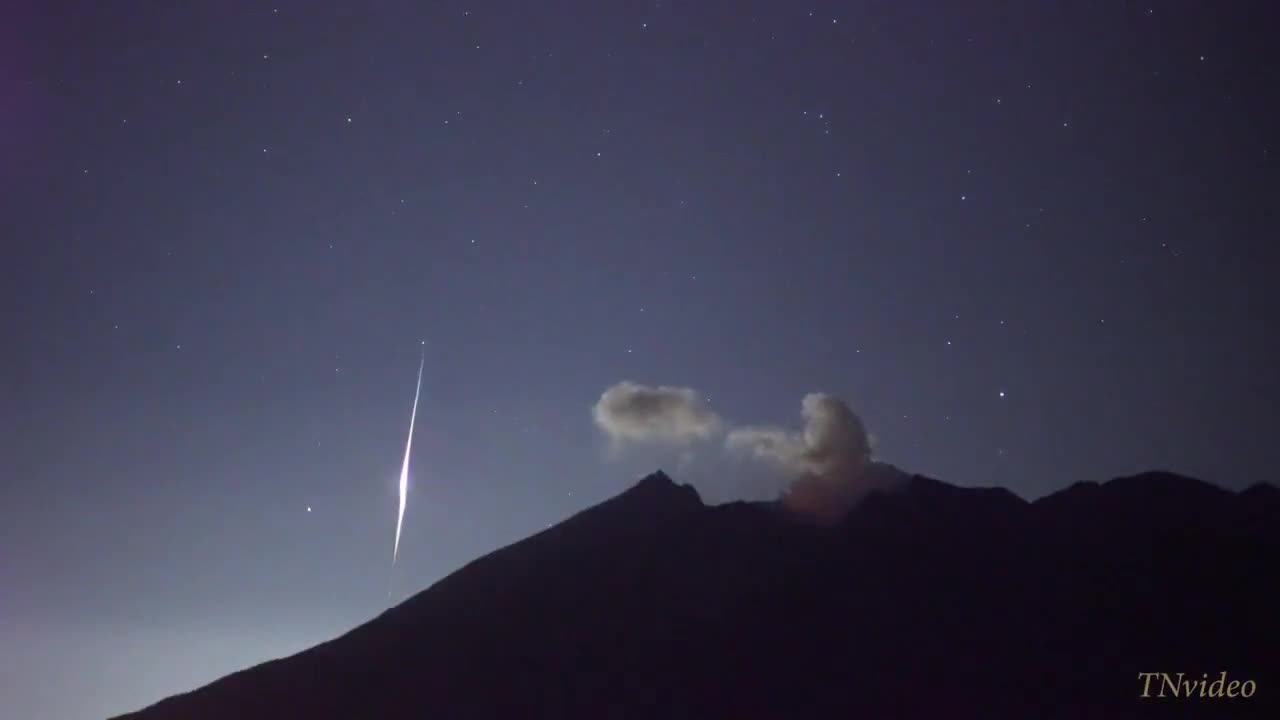 Meteor explodes over Sakurajima volcano in Japan.