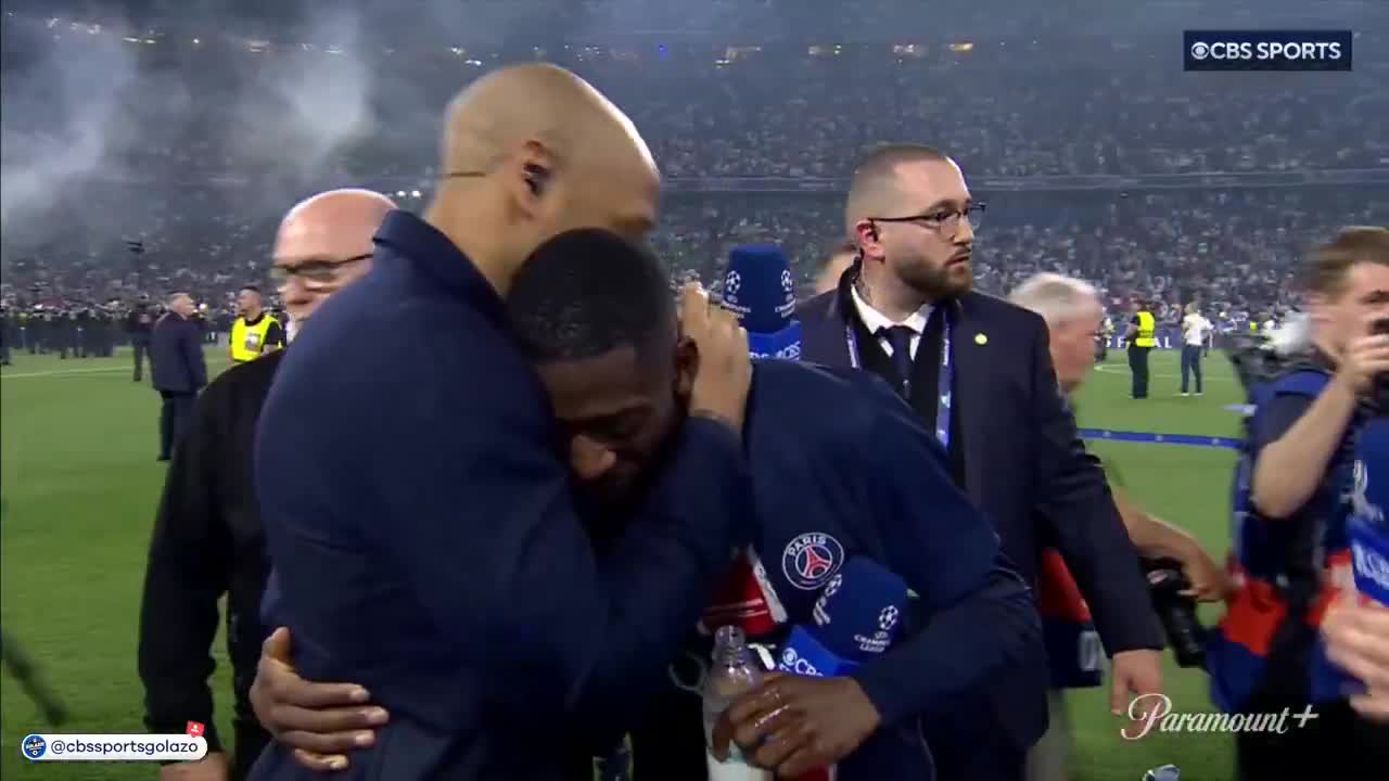 Ousmane Dembélé pulls up to UCL Today fresh off winning the Champions League and shares a moment with Thierry Henry