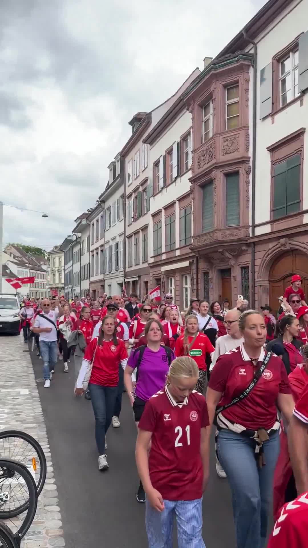 Denmark supporters march in Basel, Switzerland ahead of their UEFA Women's Euro matchup vs Germany