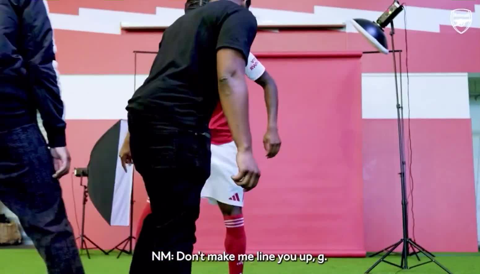 Noni Madueke completing take-ons on his friends during his Arsenal photoshoot