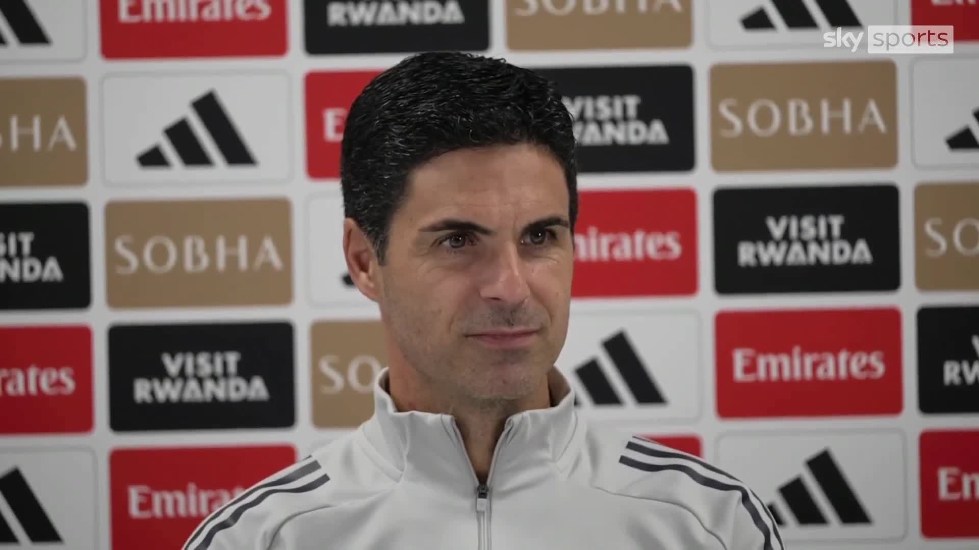 Arteta smiling and laughing when asked about Eze