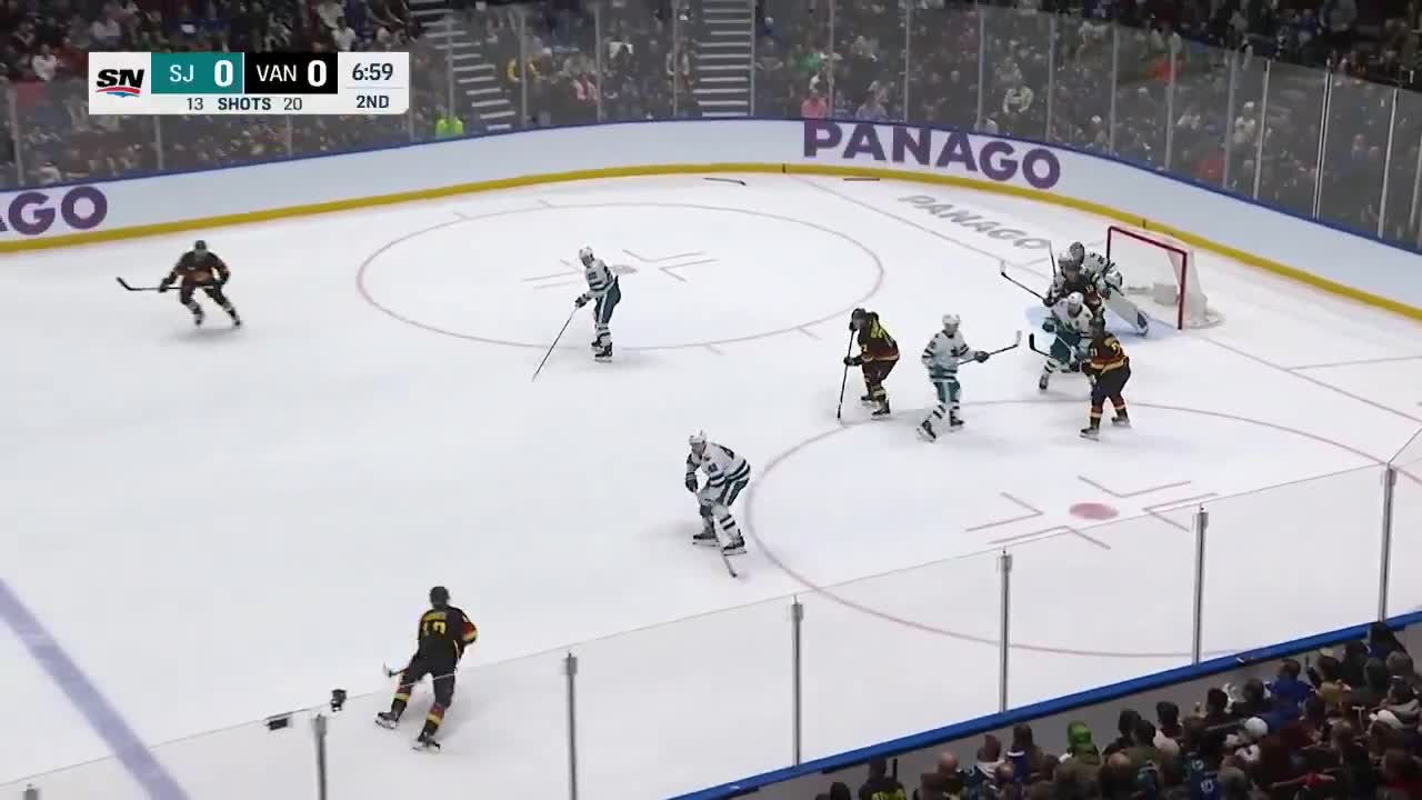 November 20th, 2023, Quinn Hughes scores the opener against the Sharks with a top-corner shot