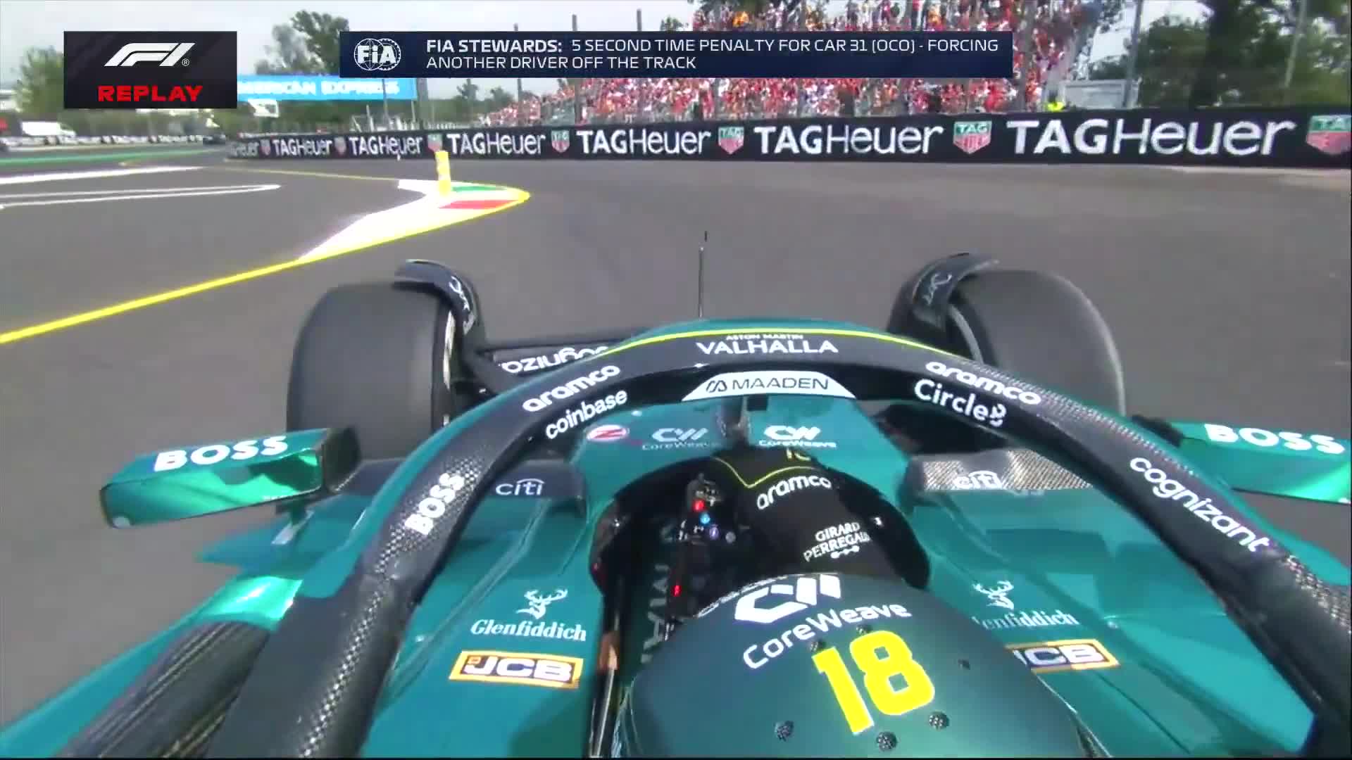 Stroll is forced off track by Ocon on Lap 2