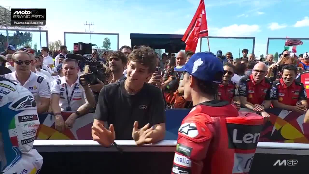 Kimi Antonelli came down to parc ferme to congratulate Marc Márquez