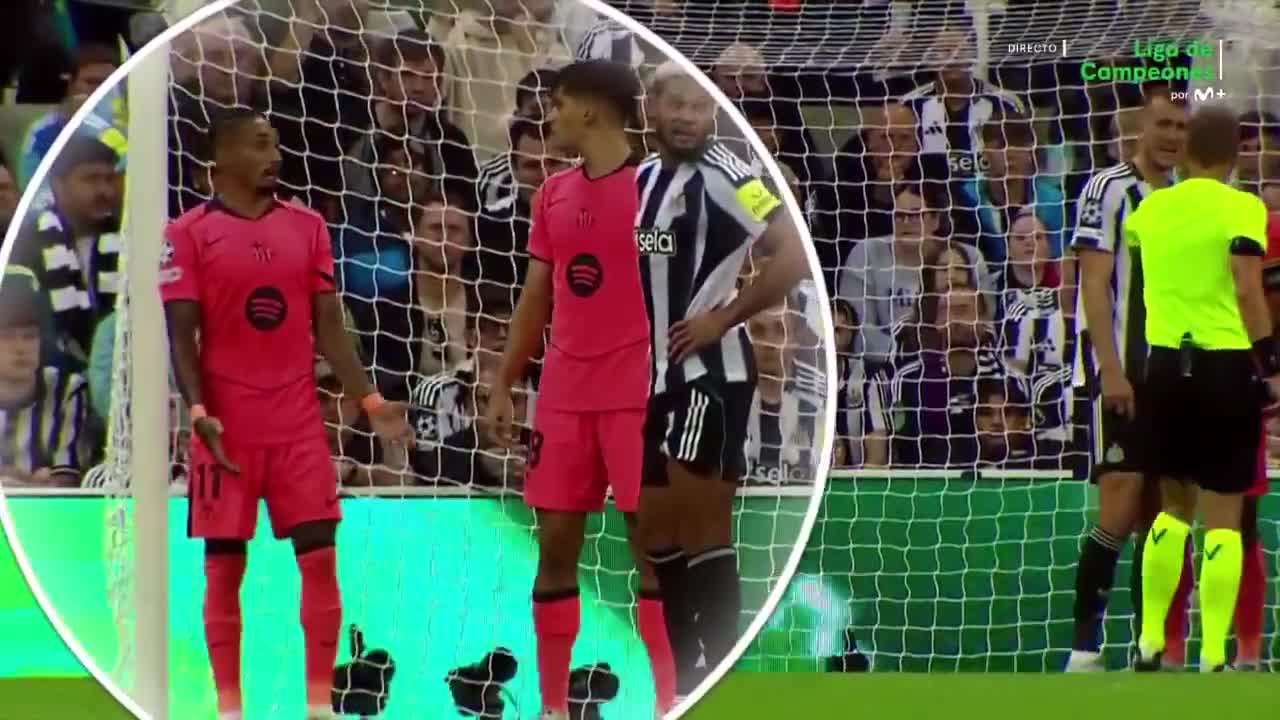 Gerard Martin directs Rafinha in the match against Newcastle.