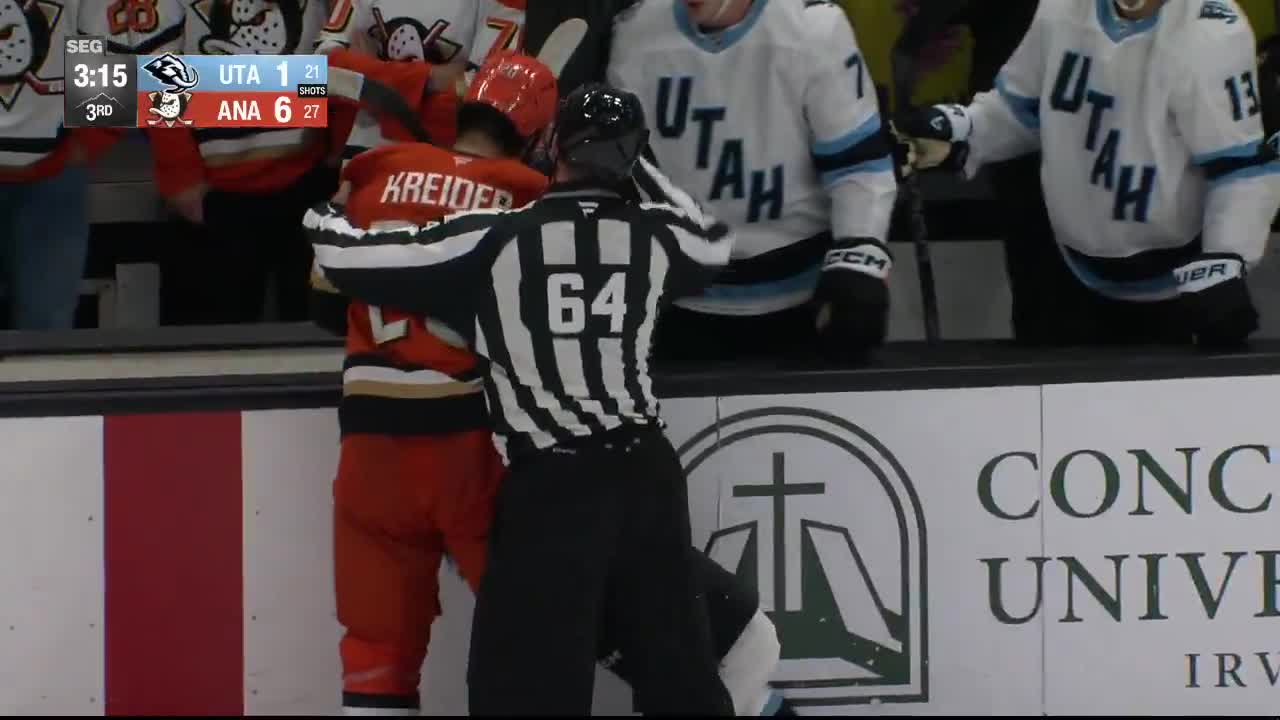 Chris Kreider, playing for the Anaheim Ducks, mixing it up with Jarome Iginla’s son, Tij, a member of the Utah Mammoth, in an NHL preseason game.