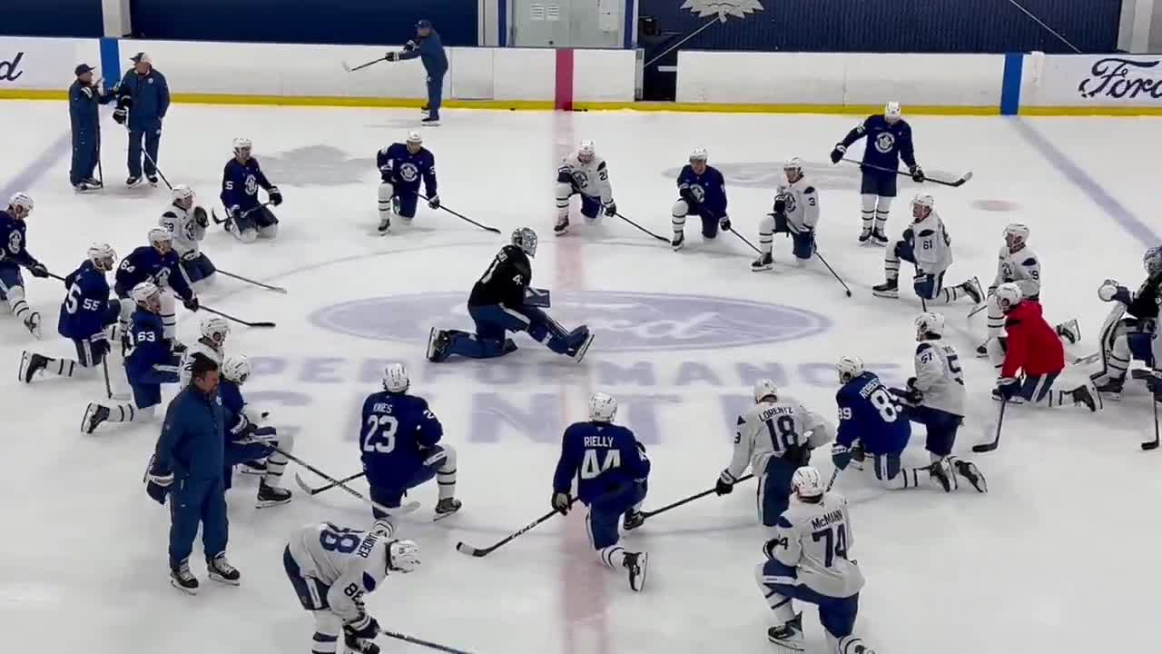 Captain Auston Matthews pushed newly-extended goalie Anthony Stolarz to the middle of the stretch circle at end of Leafs practice