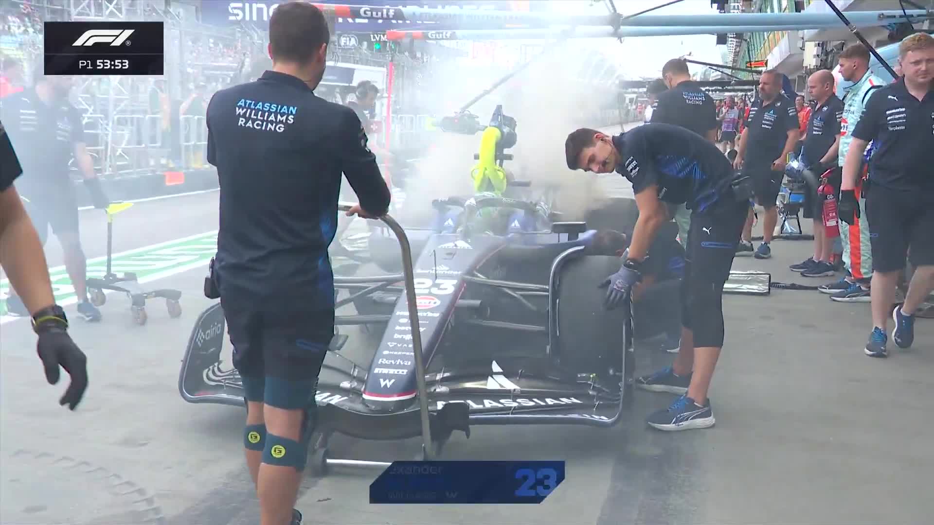 The rear brakes on Alex Albon's Williams get too hot in FP1