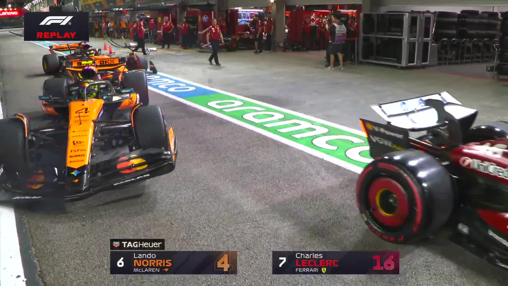 Contact between Charles Leclerc and Lando Norris on the pit exit!