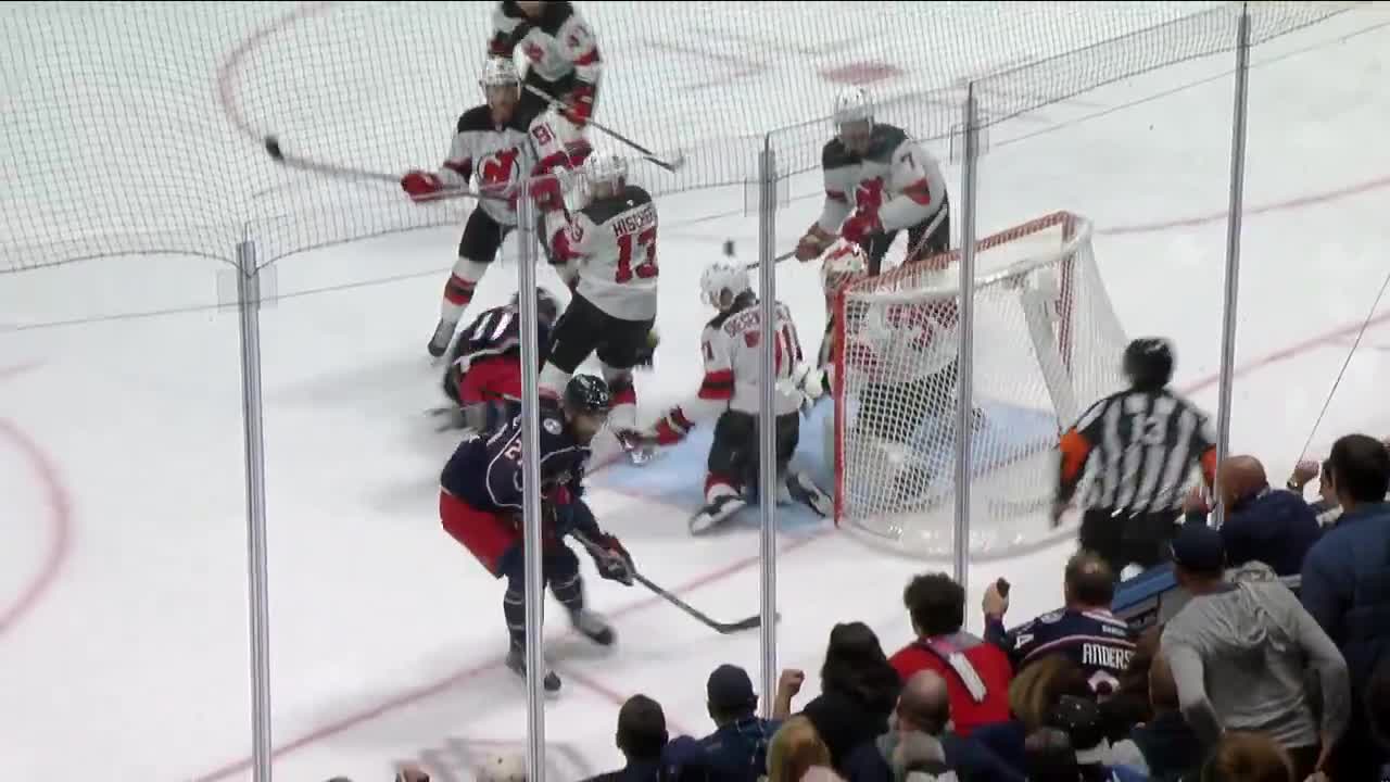 Miles Wood leaves with a cut near his eye after a high stick from Dougie Hamilton