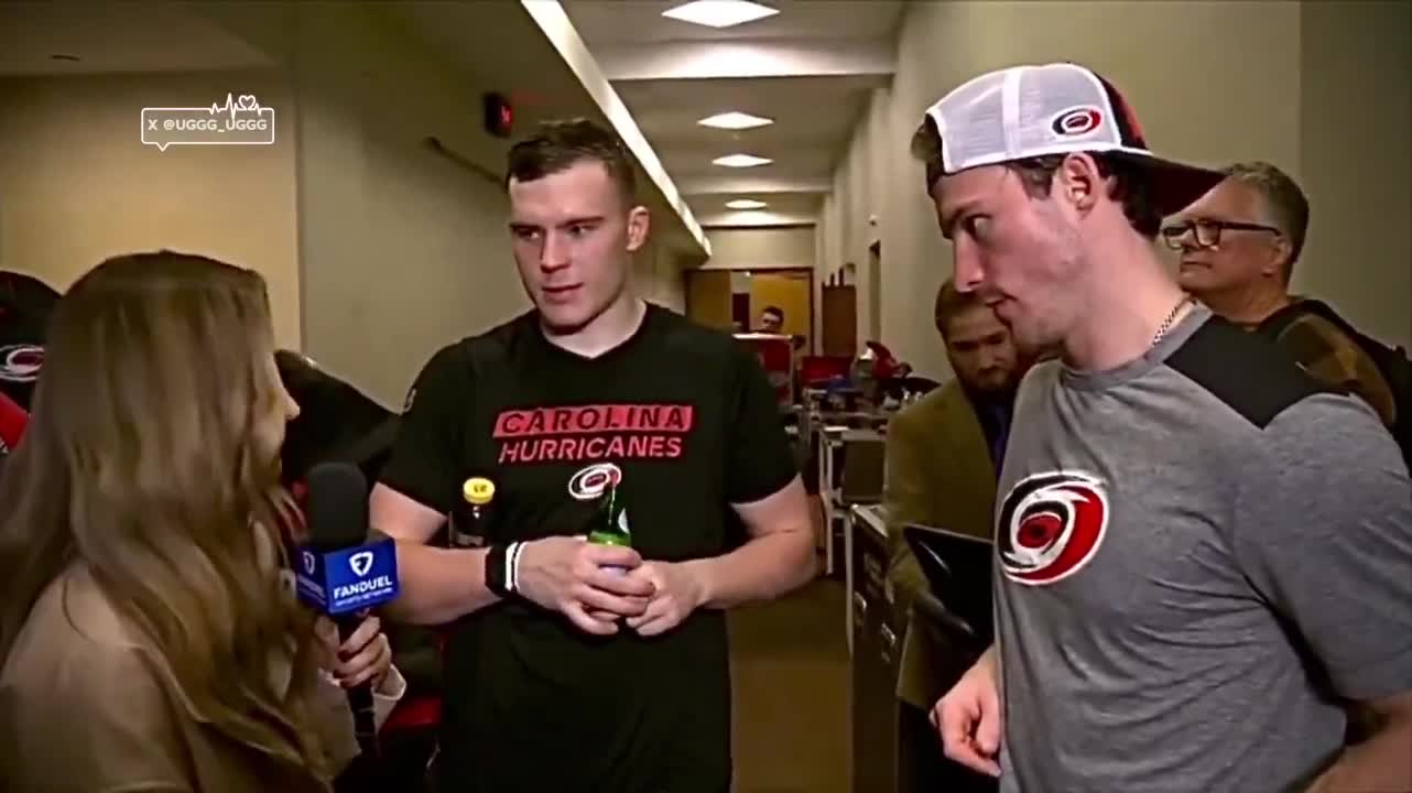 Post-game interview with Alexander Nikishin after his first NHL goal, with Andrei Svechnikov as interpreter (Russian speech translation)