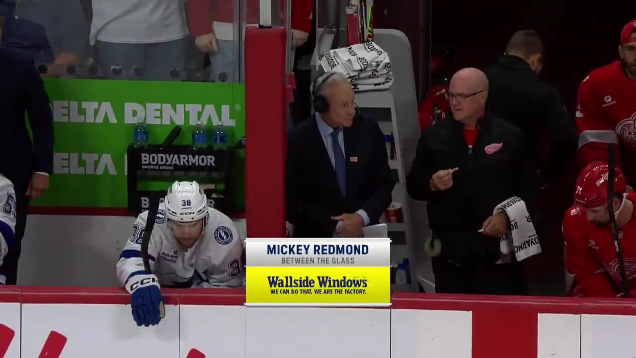 77-year-old Mickey Redmond hitting the salts between the benches last night. Hockey Guy