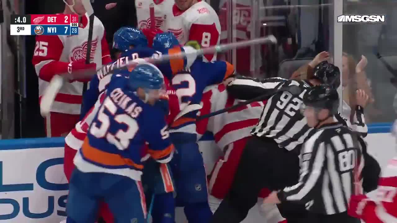 The Isles calvary came flying in to defend Matthew Schaefer after he was getting into it at the end of the game