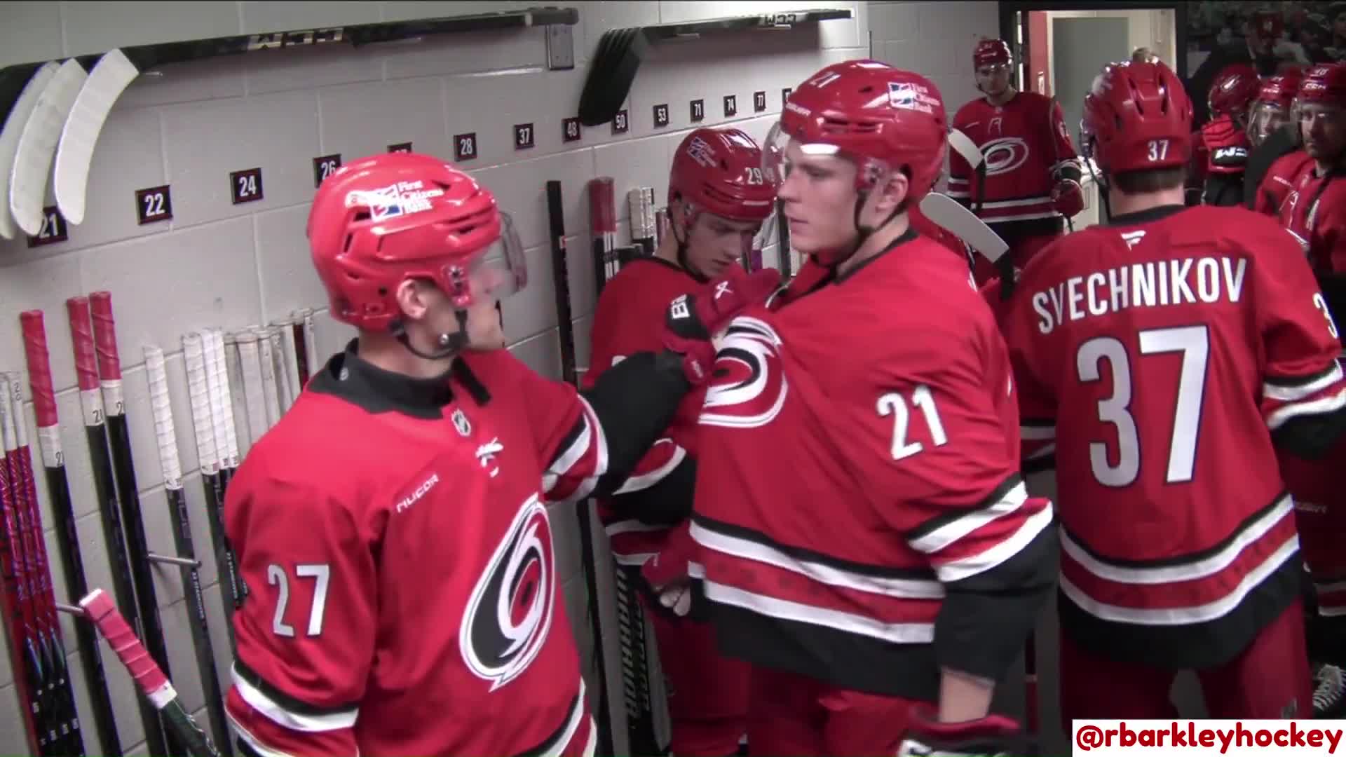 Nikolaj Ehlers and Alexander Nikishin goofing around before their game against the New York Islanders