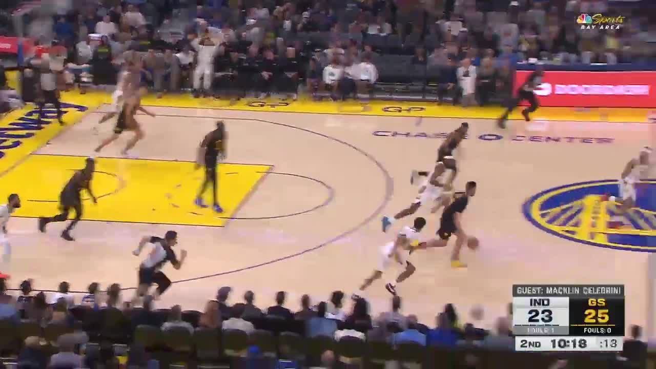 Macklin Celebrini jumped into the booth for an interview during the Golden State Warriors game
