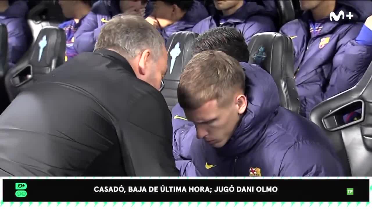 The moment when Flick tells Dani Olmo that Marc Casadó can't play and he'll come in for him.