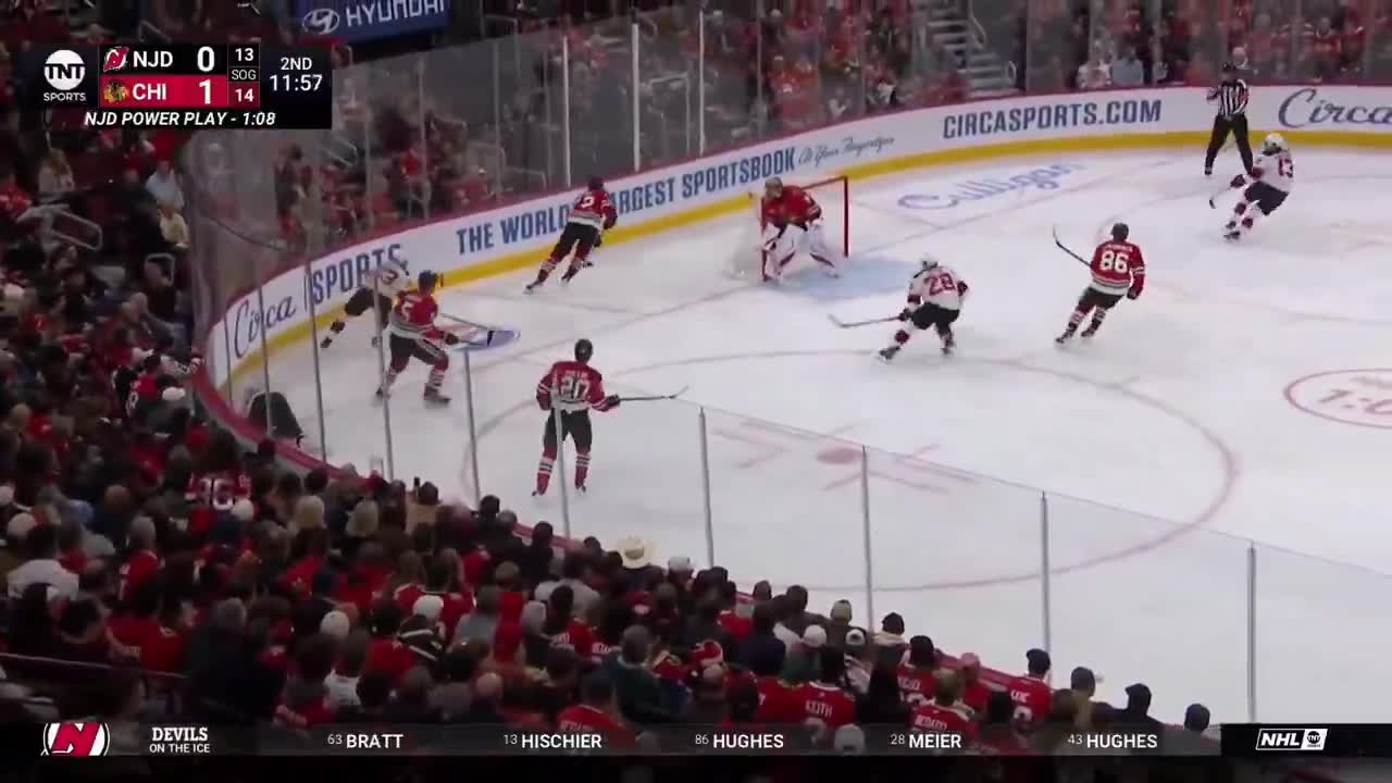 Murphy gets physical on Jack Hughes to force a turnover