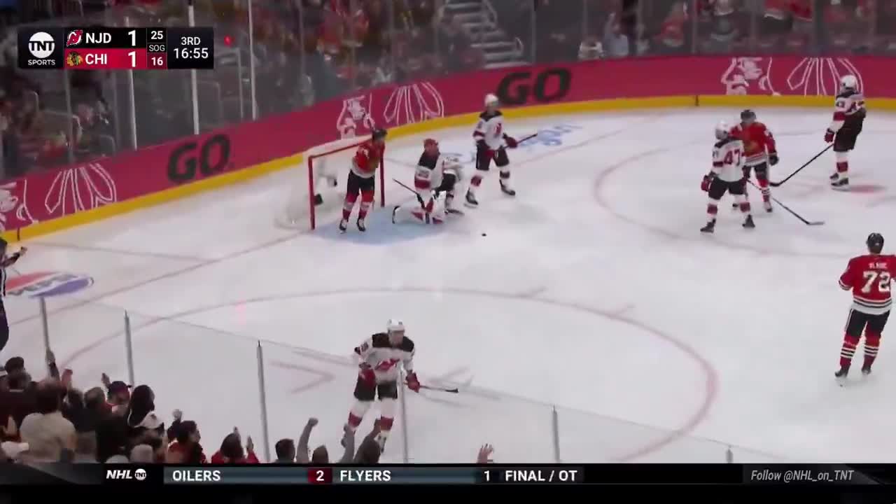 Landon Slaggert tips in a shot from the point to give the Blackhawks the lead
