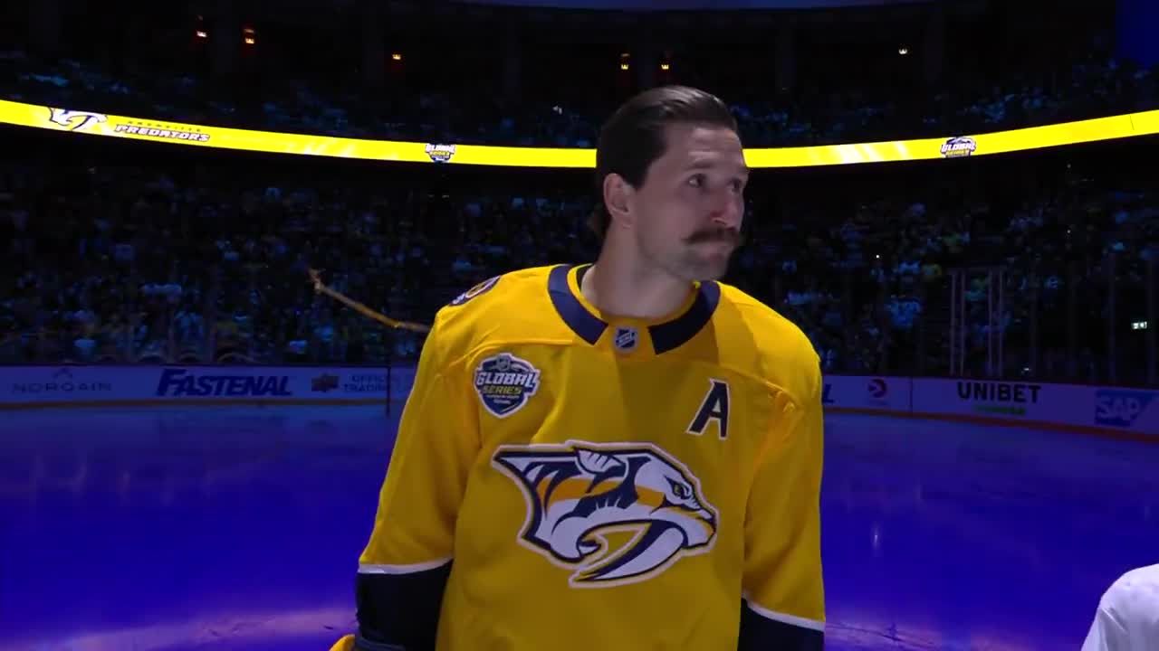 The hometown kid Filip Forsberg gets some big cheers from the crowd