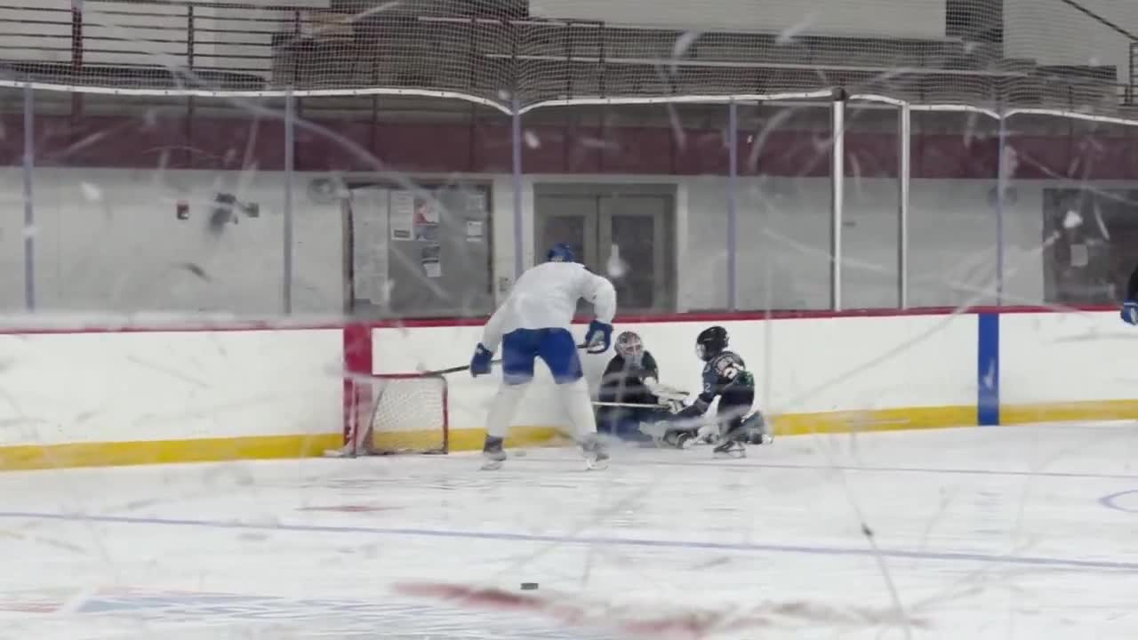 Mackenzie Blackwood getting some reps in against mini Landeskog