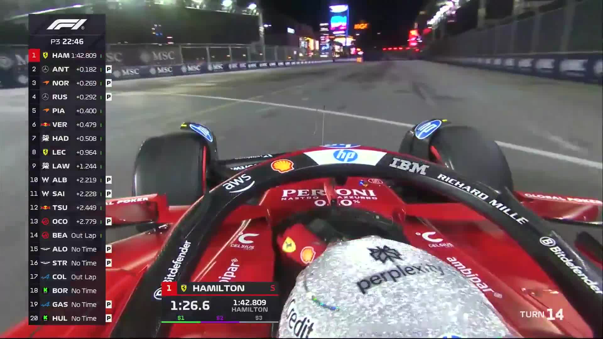 Lewis Hamilton almost gets caught out by the slowing Liam Lawson in front!