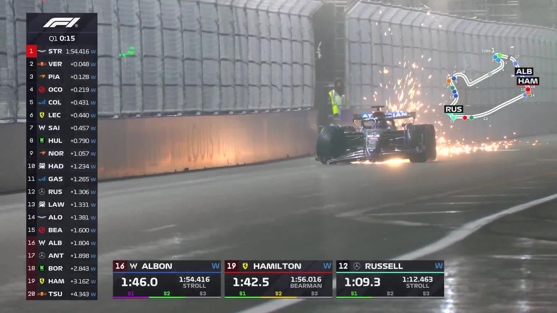 Alex Albon collides with the wall in Q1