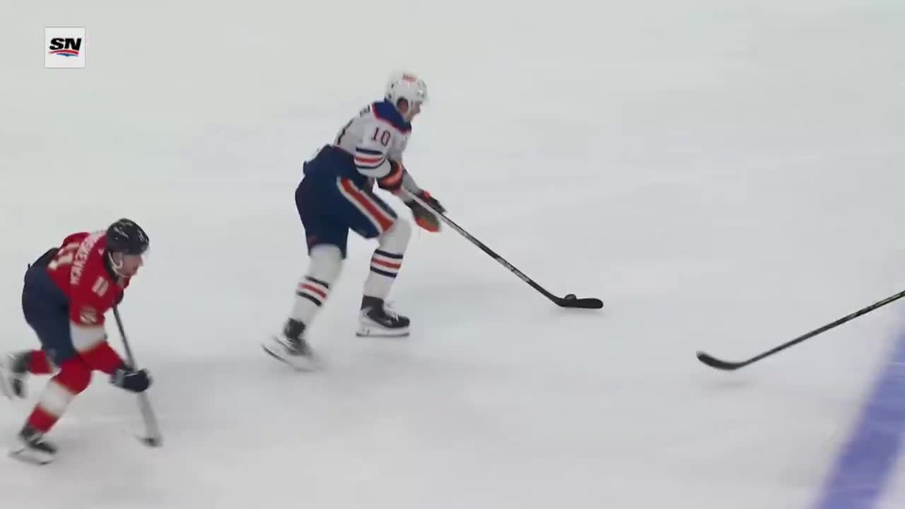 Uvis Balinskis with the BEAUTY hip check on Trent Frederic