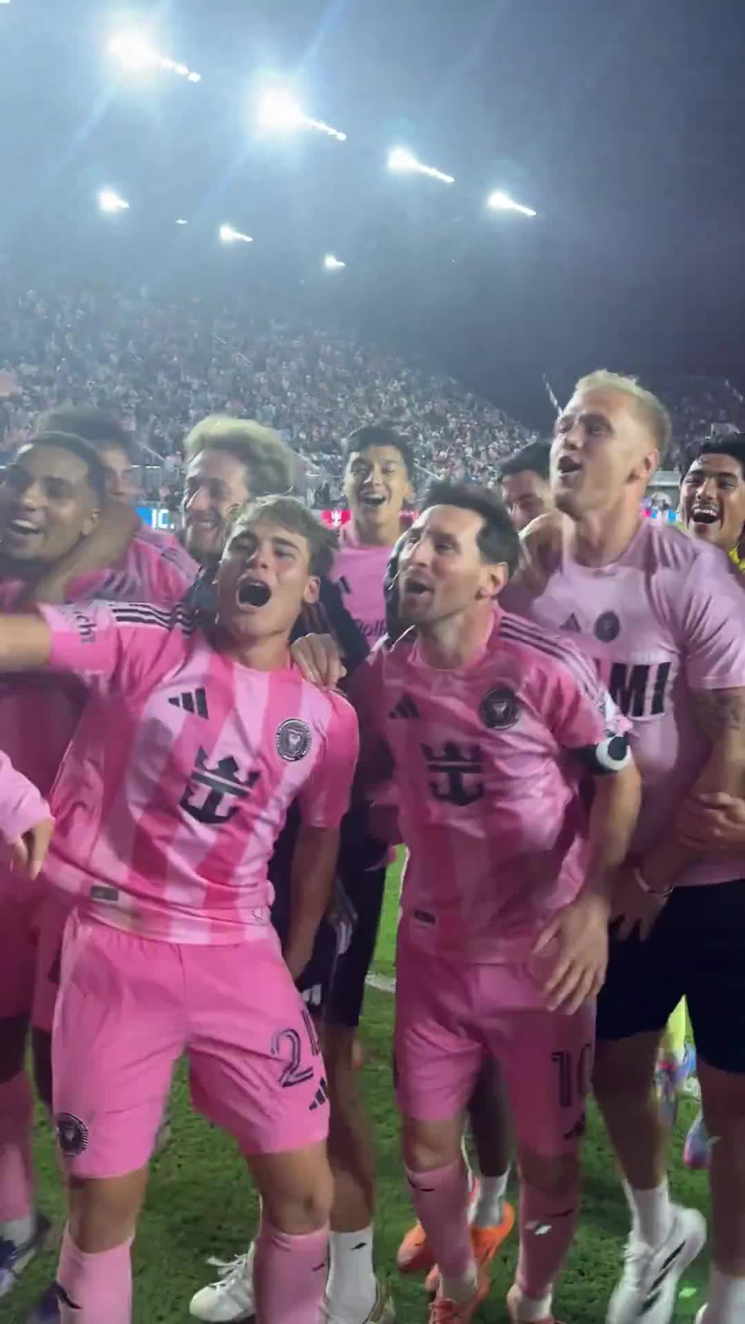 Messi and the Inter Miami CF players celebrate reaching the MLS Cup final.