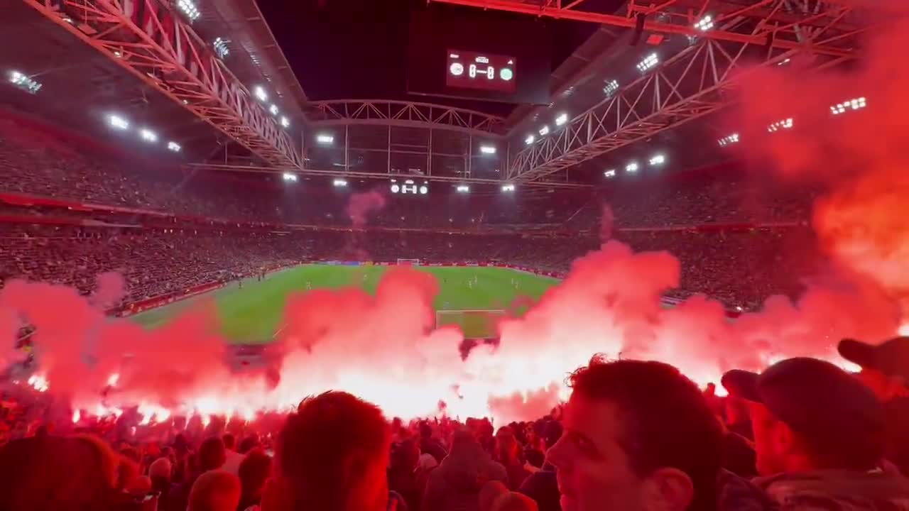 Ajax’s game against Groningen was abandoned moments after kick off last night due to fans letting off a crazy amount of pyro in the stadium