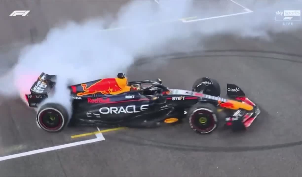Max Verstappen executes the perfect donut with one hand, then drives in a straight line to park his car in P1.
