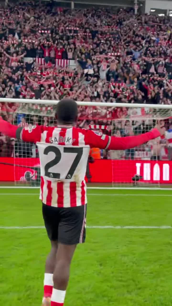 Noah Sadiki soaking in the atmosphere and chanting with the Sunderland fans after winning the derby match against Newcastle.