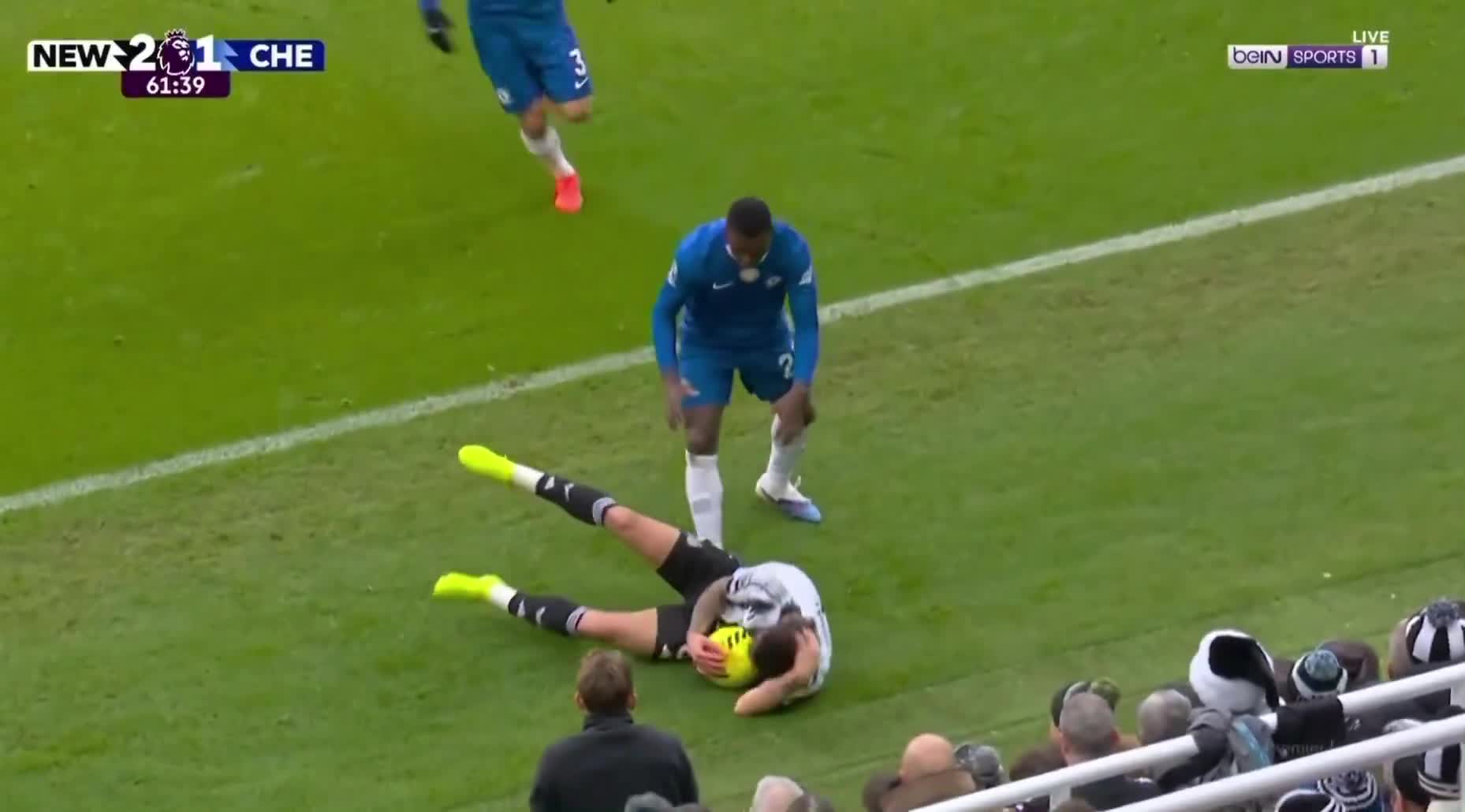 Caicedo wins the ball from Tonali as he tries to hold it for a throw-in.
