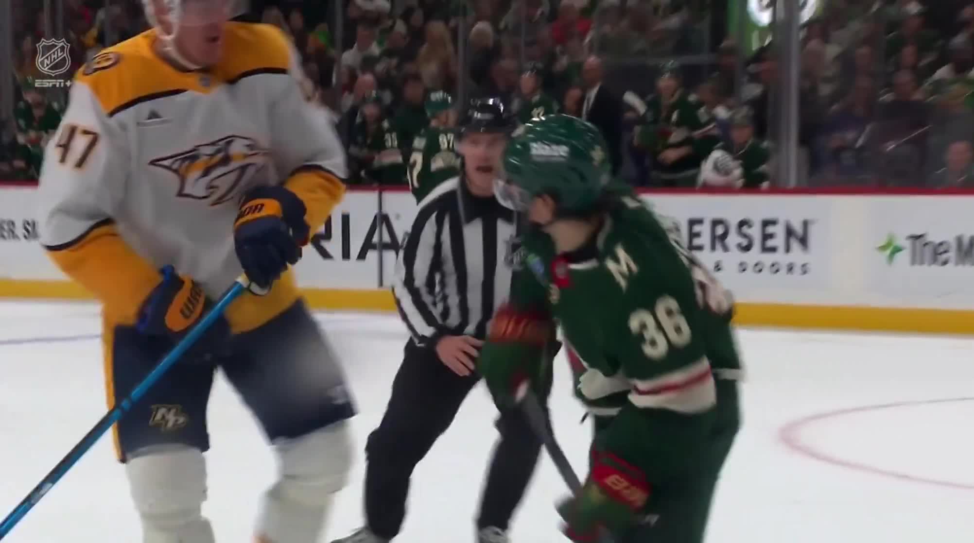Michael McCarron gives Mats Zuccarello a shove and Zucc returns the favour with a HEFTY slash