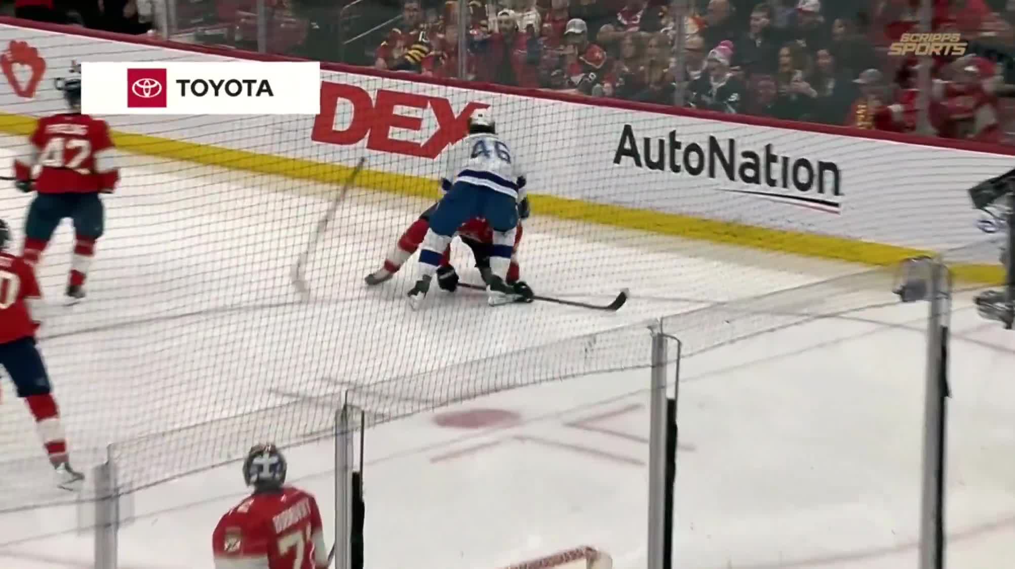 Scott Sabourin took a hit from Niko Mikkola he didn't like, returned the favour with a slash, and then started swinging at everyone in sight