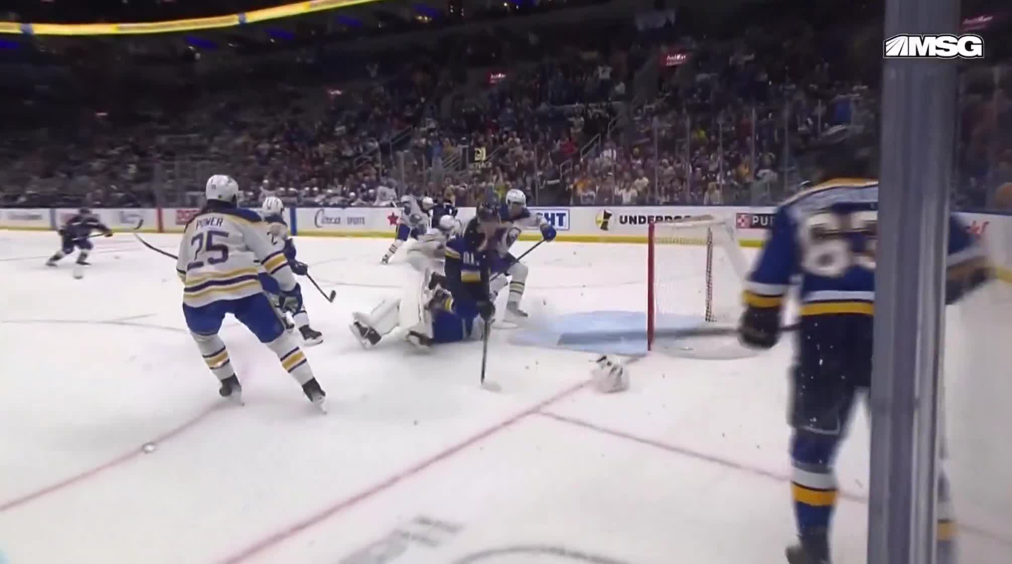 THE BLUES MISSED THE WIDE OPEN NET after Alex Lyon misplayed the puck and then Peyton Krebs buried the empty net dagger