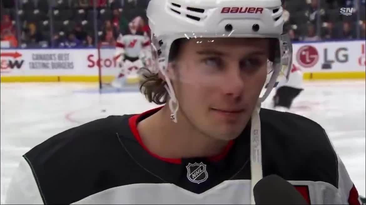 Jack Hughes’ Sportsnet on-ice pre-game interview ahead of the Devils game against the Leafs