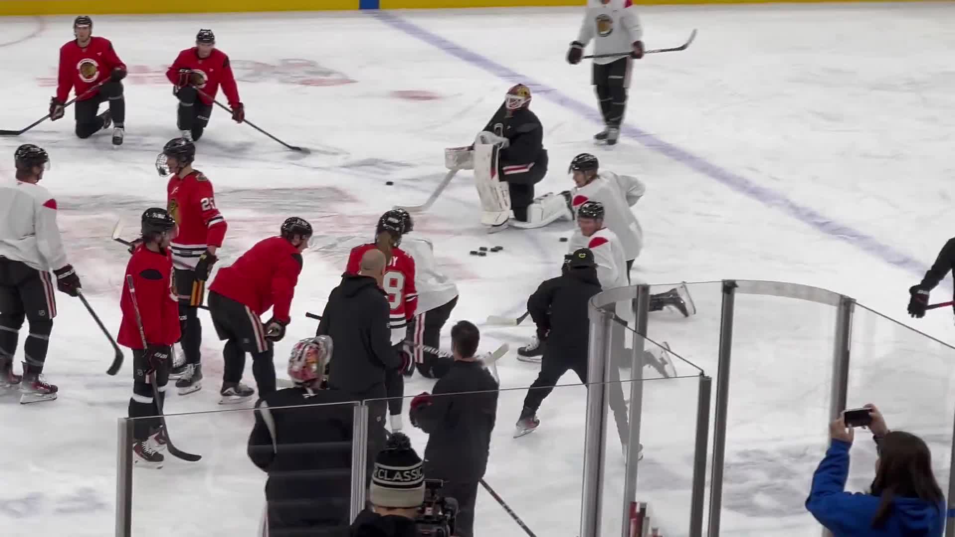It’s Make-A-Wish day in Chicago, and Connor Bedard is on the ice in a tracksuit to skate with them