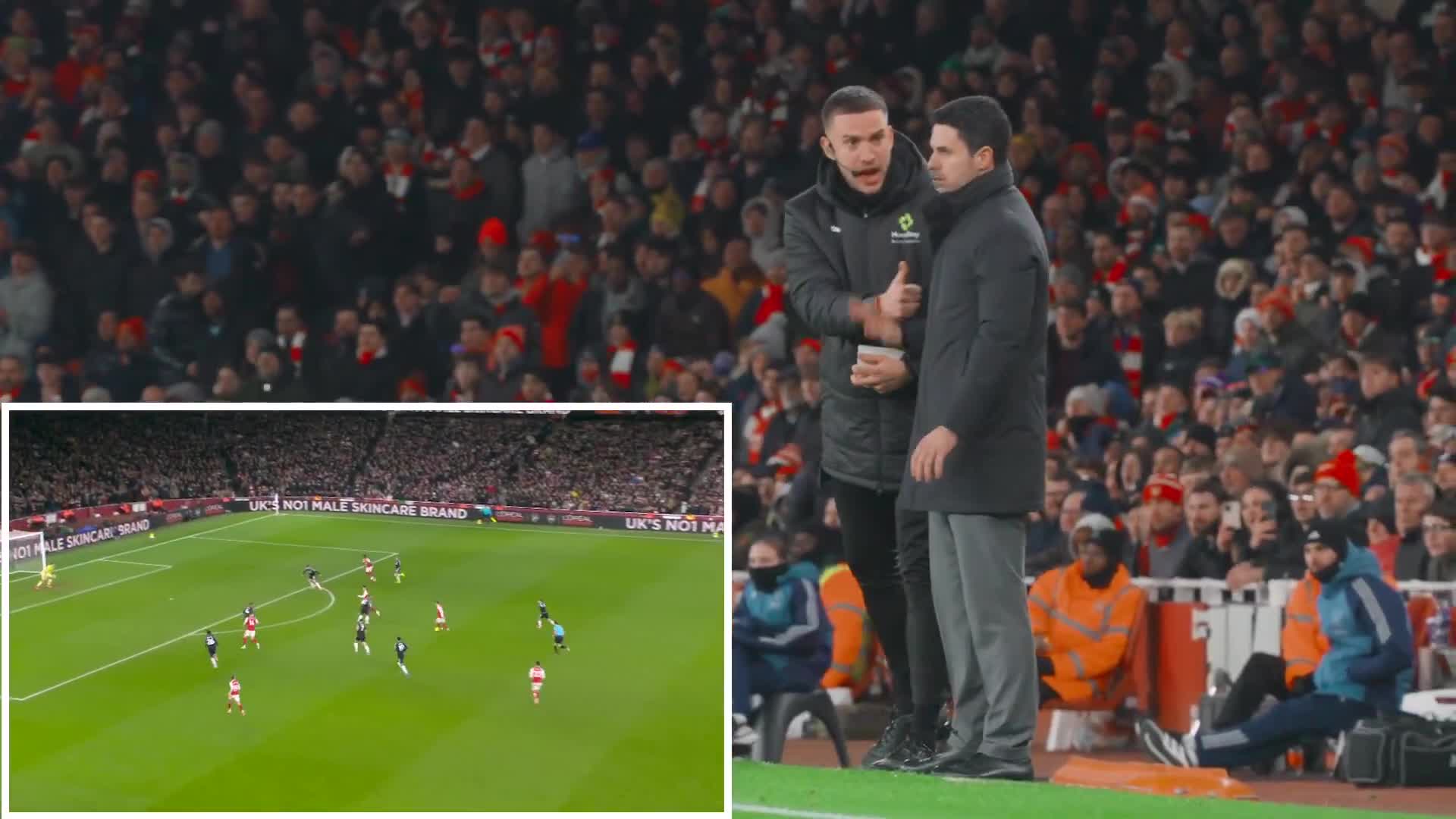 Mikel Arteta being told-off by the fourth official for leaving his technical area, just seconds before Arsenal score vs Aston Villa