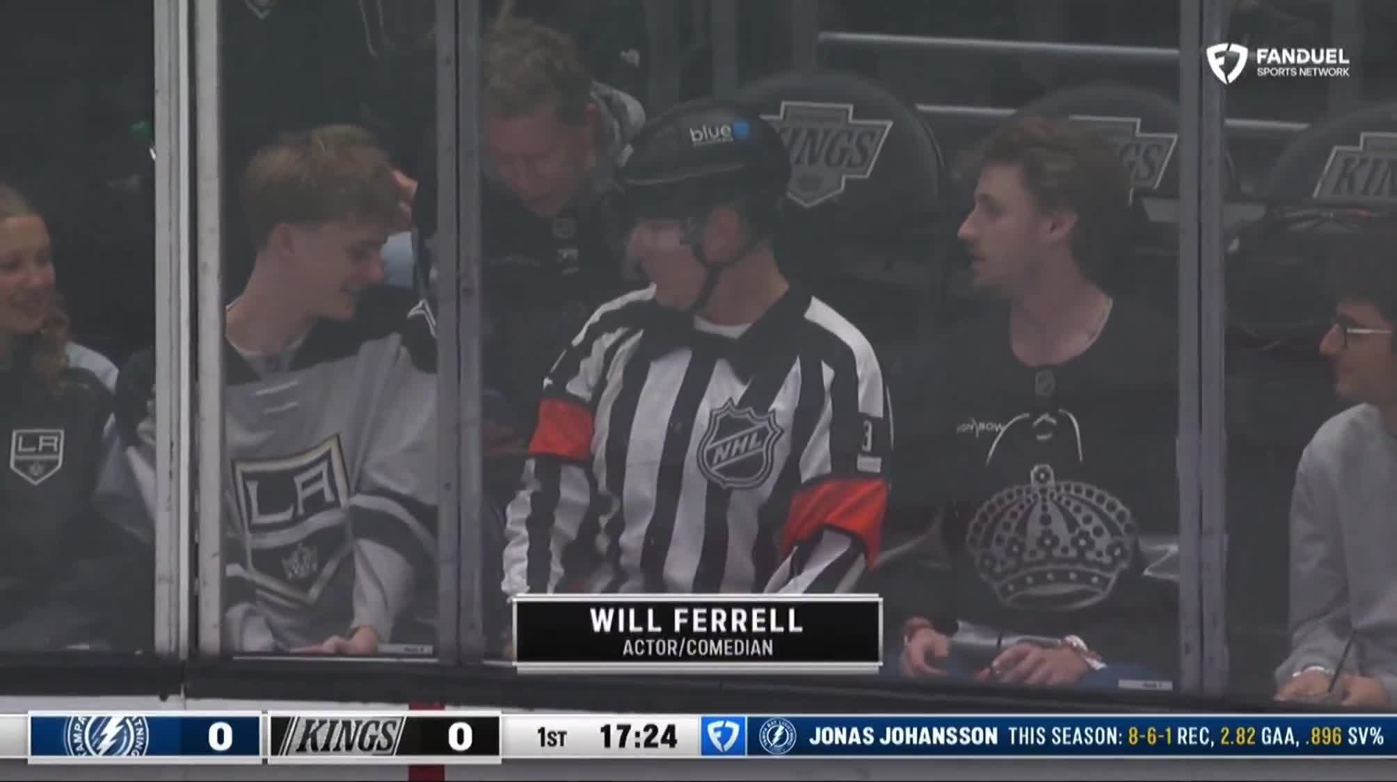 Will Ferrell is at the Kings game tonight in full referee gear making calls from behind the glass
