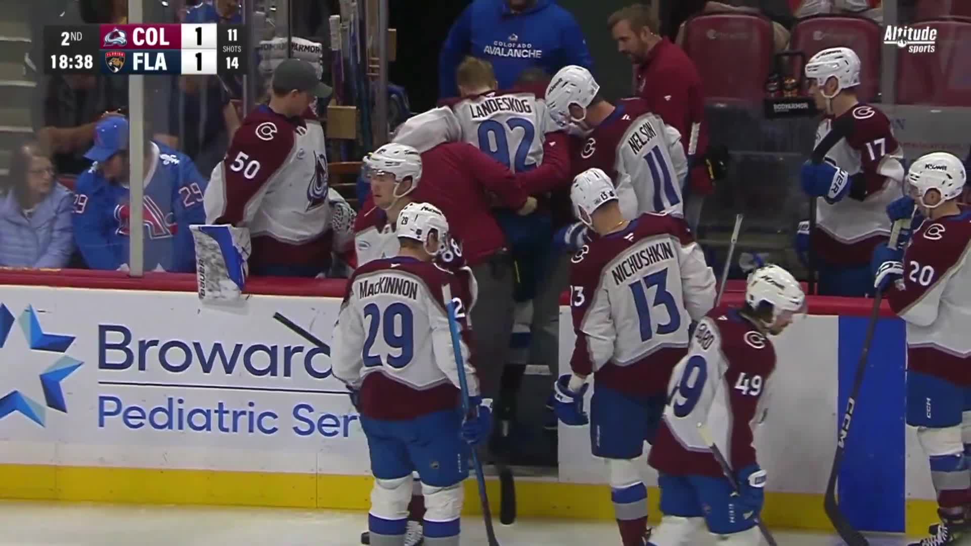 Gabriel Landeskog required help getting off the ice after crashing hard into the post