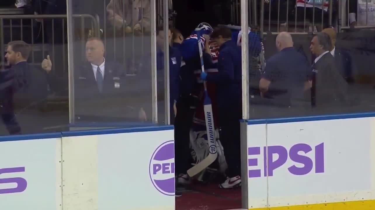 goaltender Igor Shesterkin leaves game with left leg injury vs Utah, helped off the ice by Gavrikov and a trainer. Jonathan Quick enters.