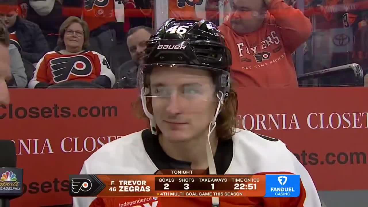 Trevor Zegras on how he feels after scoring 2 goals and beating his former team the Anaheim Ducks