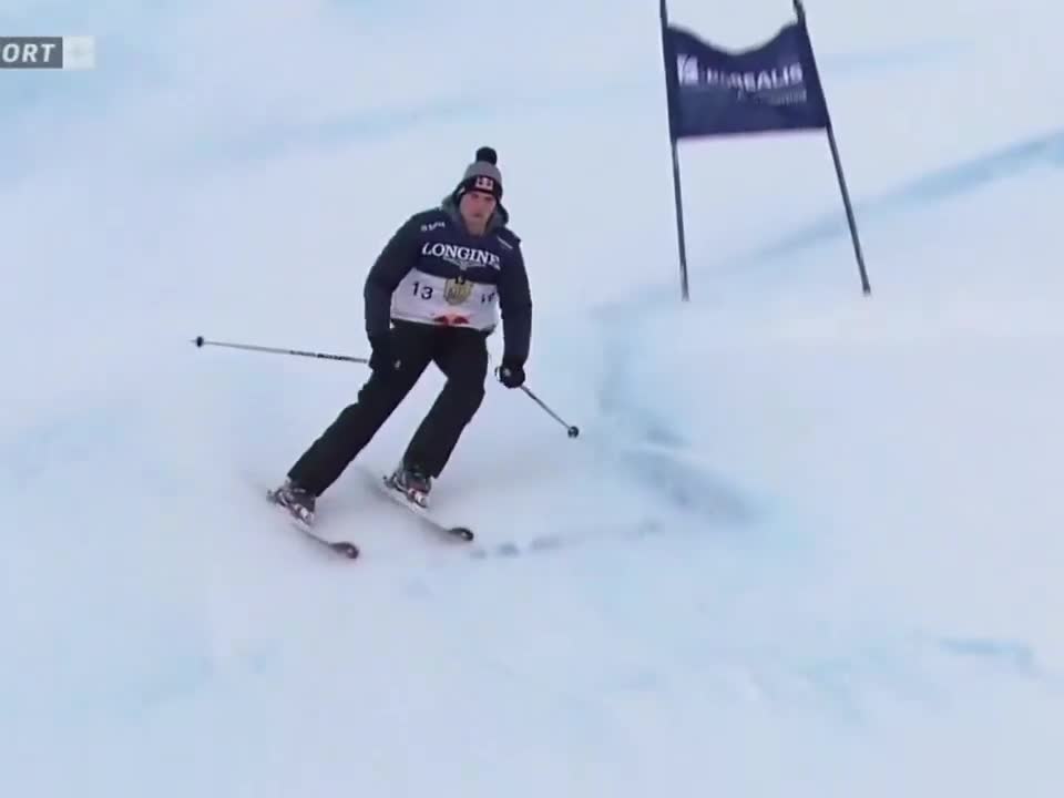 Max Verstappen skiing on skis specially built for him. The snow track has been upgraded to suit Max’s skiing style.