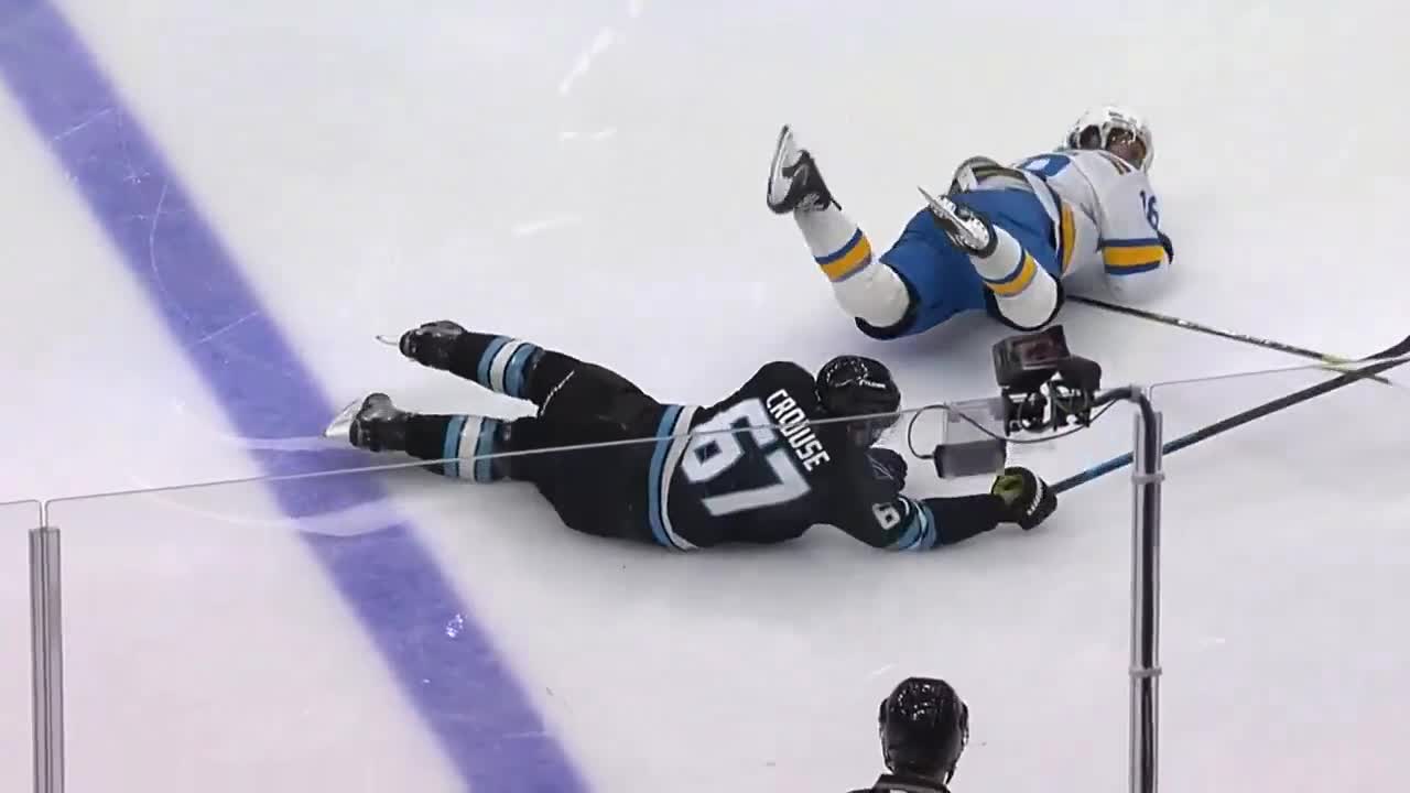 Robert Thomas needed assistance after hitting his face on the ice due to a collision with Lawson Crouse