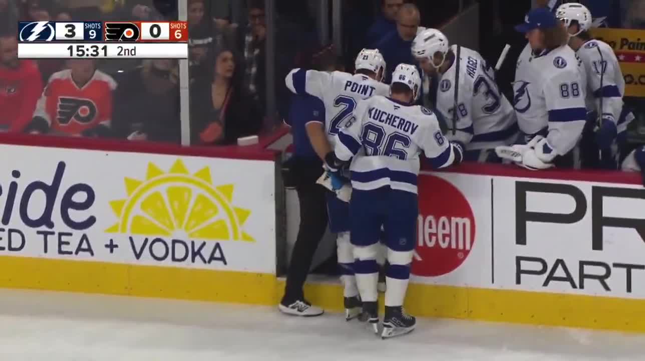 Brayden Point needed help getting off the ice after Cam York fell on his leg in front of the net