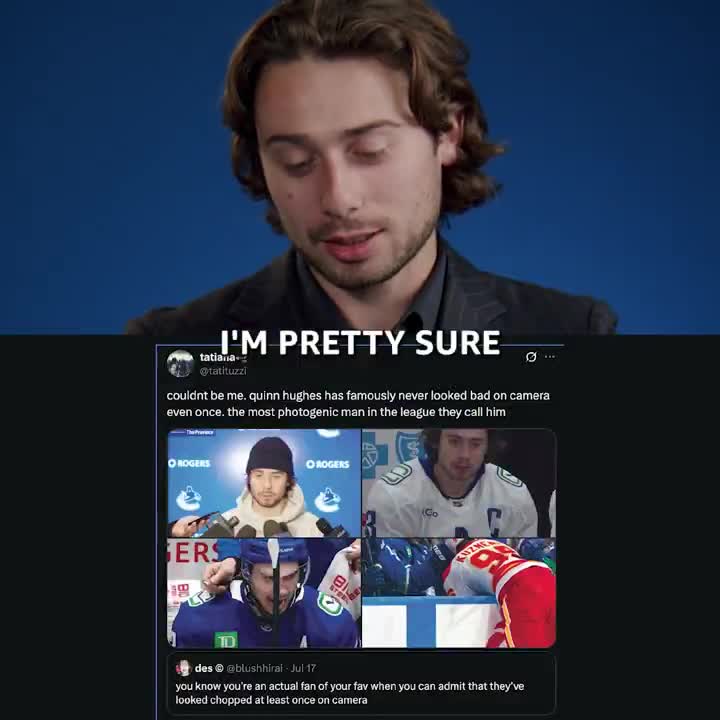 Quinn Hughes reacting to tweets about himself via SportsOnPrimeCA