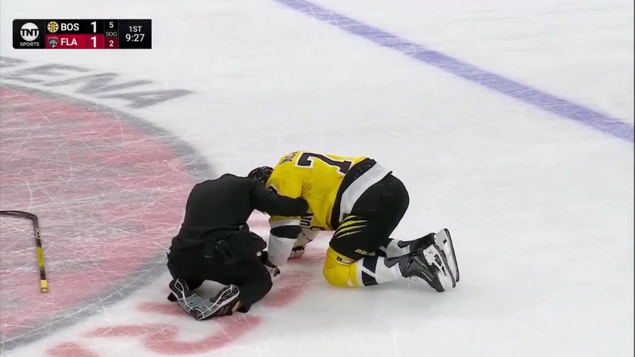Charlie McAvoy goes down the tunnel afte...