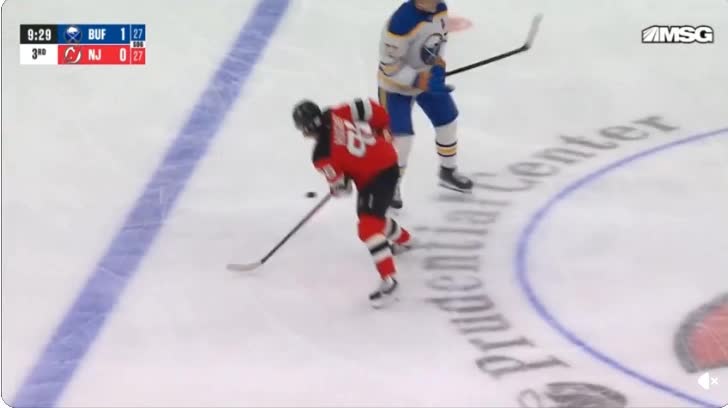 Jack Hughes turns the puck over to Tage Thompson who sets up Peyton Krebs for the goal