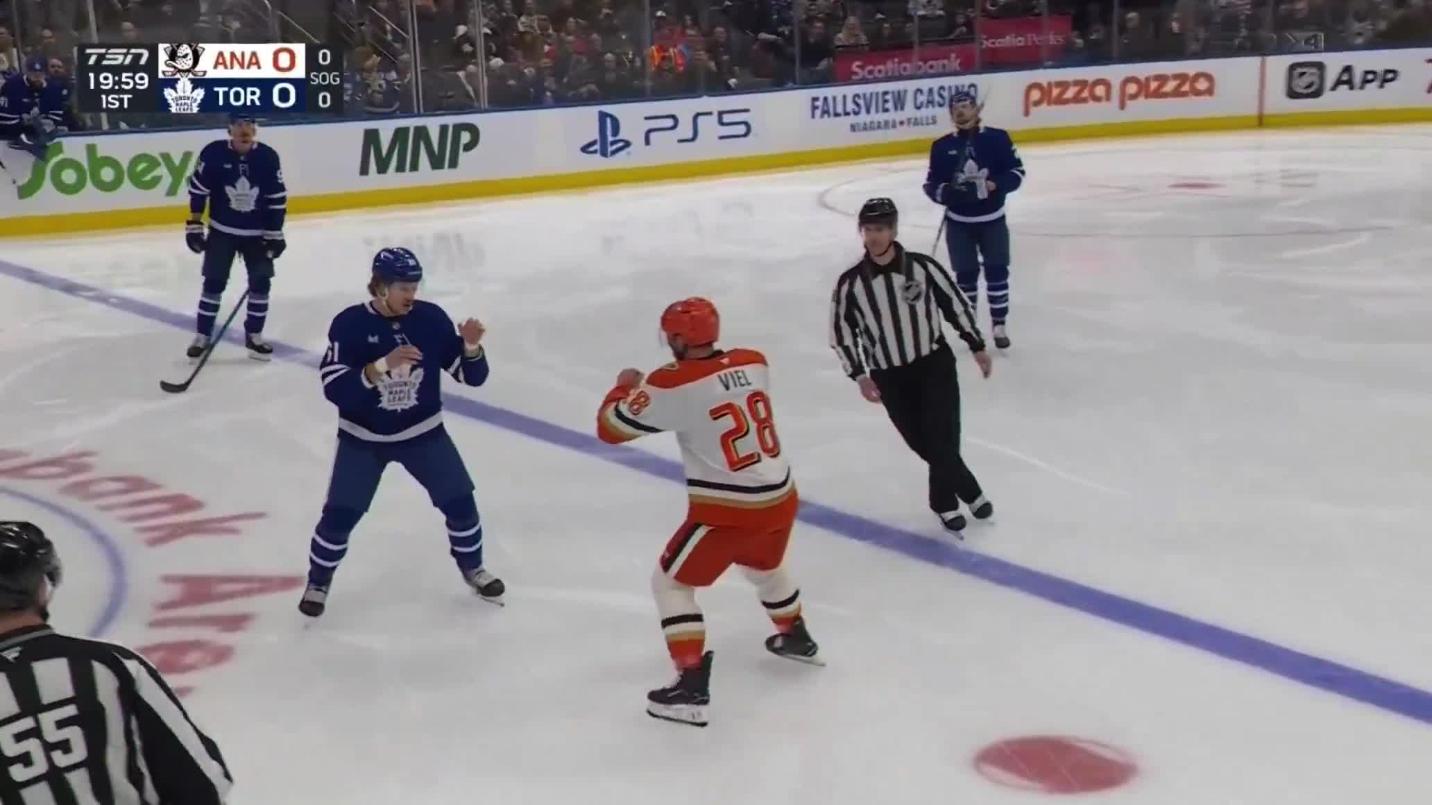 michael pezzetta drops the gloves with jeffrey viel right off the draw in his leafs debut